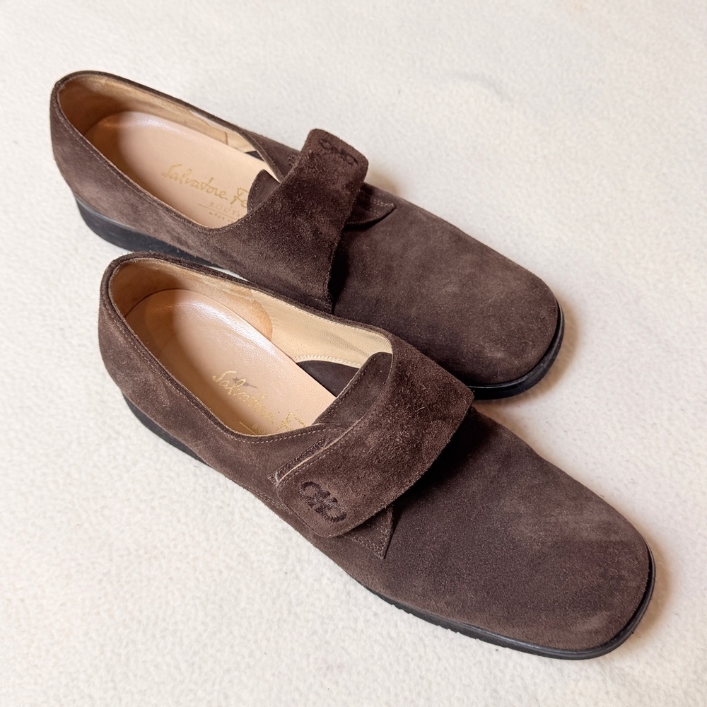 Salvatore Ferragamo Men’s Dark Brown Suede Velcro Strap Loafers